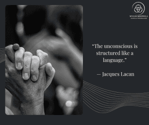 Jacques Lacan quote reading "The unconscious is structured like a language" on a dark background with the Myles Medwell Psychology logo