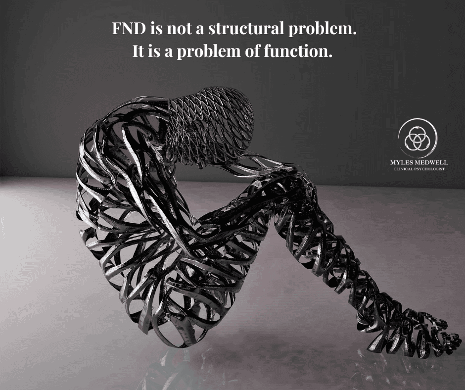 Abstract metallic sculpture of a human figure with quote "FND is not a structural problem. It is a problem of function." — Myles Medwell Psychology Richmond Melbourne