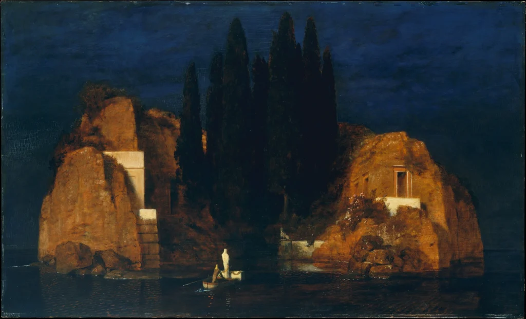A small boat approaches a dark island of cypress trees and pale rock in Arnold Böcklin's Island of the Dead